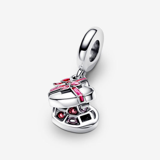 Charm Caixa de chocolate aberta balança de prata esterlina com esmalte rosa e vermelho