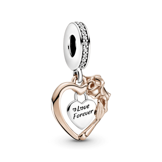 Charm Pendente Flor Rosa E Coracao