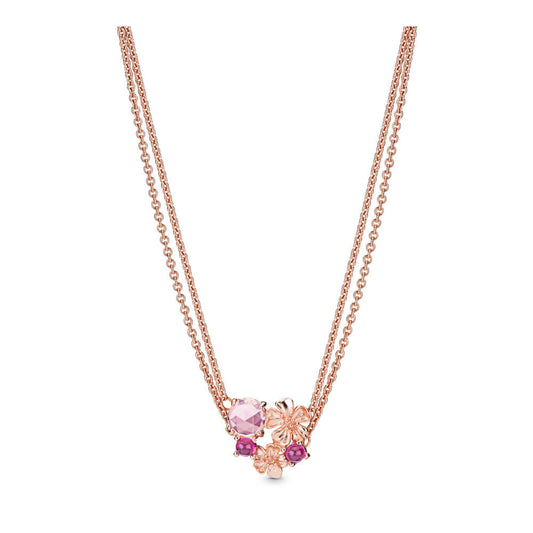 Colar de Corrente Dupla de Flor de Pêssego Rosa