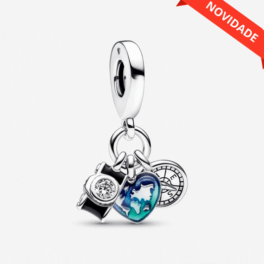 Charm Triplo Câmera, Coração e Bússola