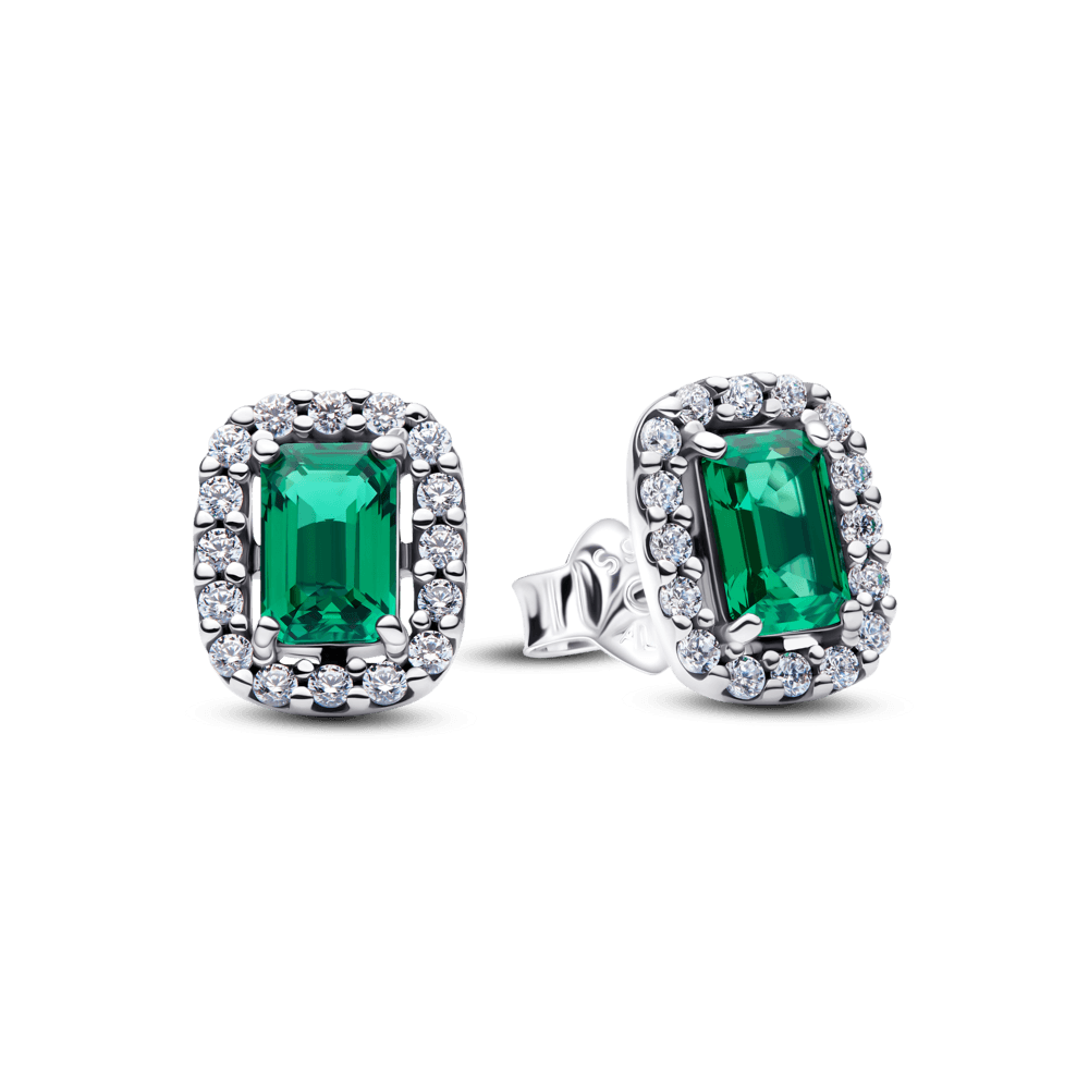 Brinco De Prata Pequeno Com Cristal Verde Retangular