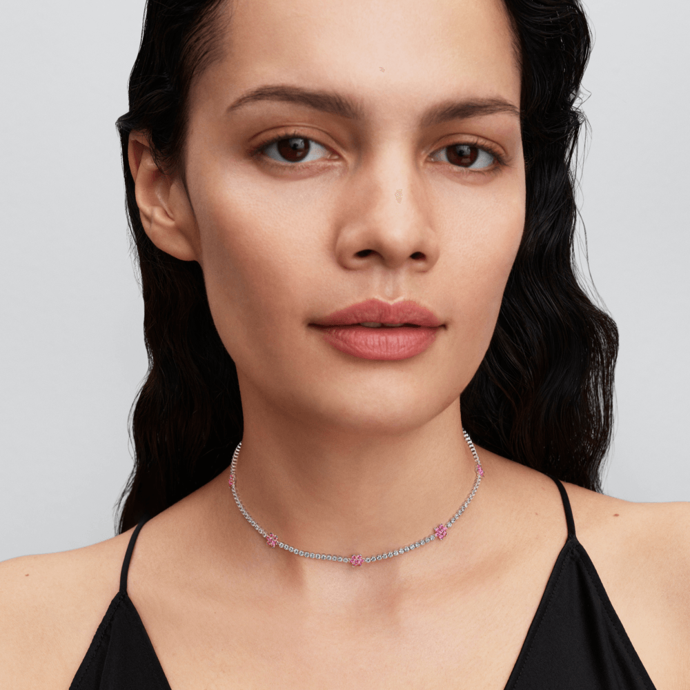 Colar Choker Prata Floral Herbário Rosa Brilhante