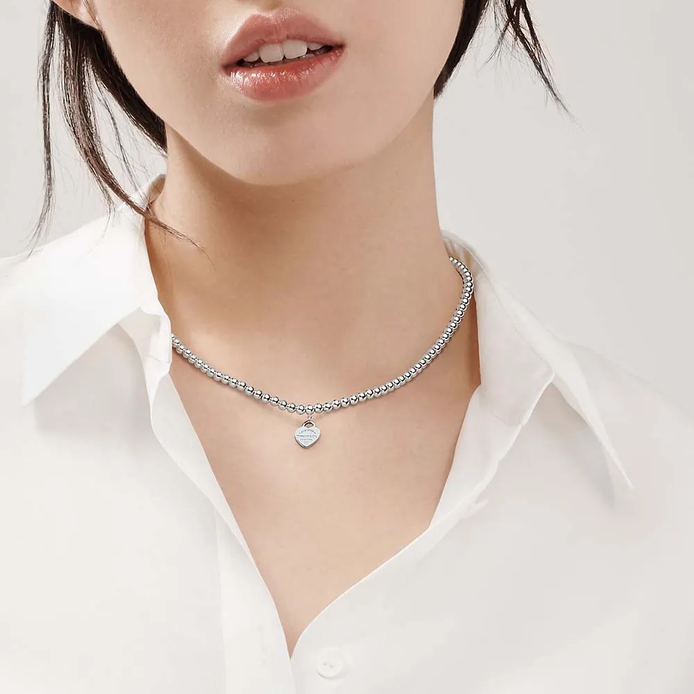 Colar de Contas com Coração Tiffany Blue® em Prata de Lei
