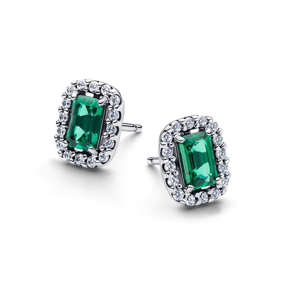 Brinco De Prata Pequeno Com Cristal Verde Retangular