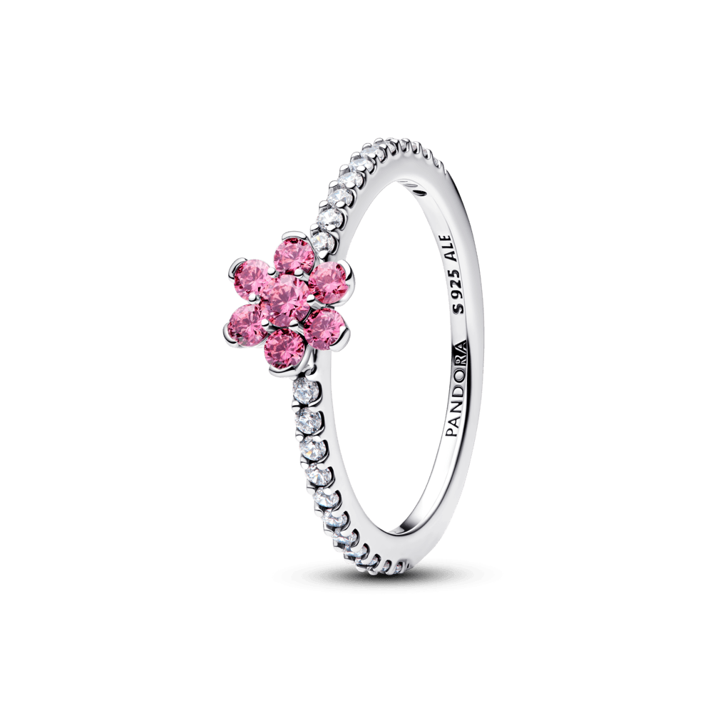 Anel De Prata Flor Rosa Brilhante